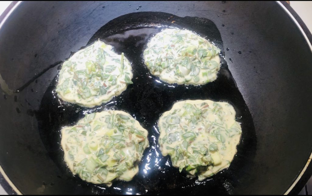 Purslane Pancakes cooking